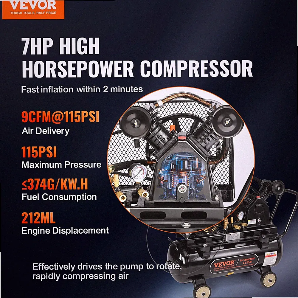 7HP Gas Powered Air Compressor, 13.2 Gallon Horizontal Air Compressor Tank, 9CF