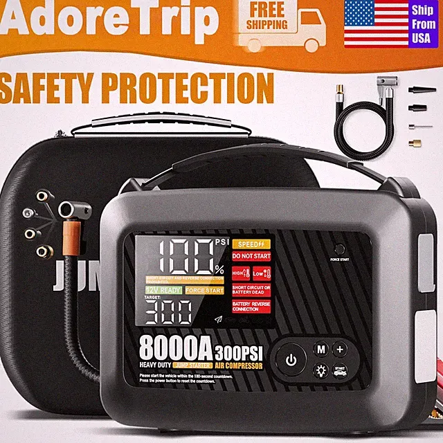 AdoreTrip 8000A Car Jump Starter With Air Compressor Power Bank Truck Heavy Duty